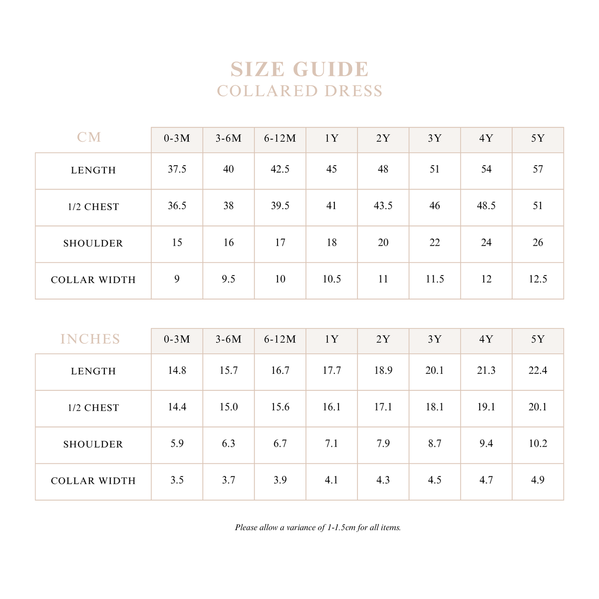 Collared Dress size guide with length, half chest, shoulder and collar width measurements in centimetres and inches for sizes 0-3M to 5Y