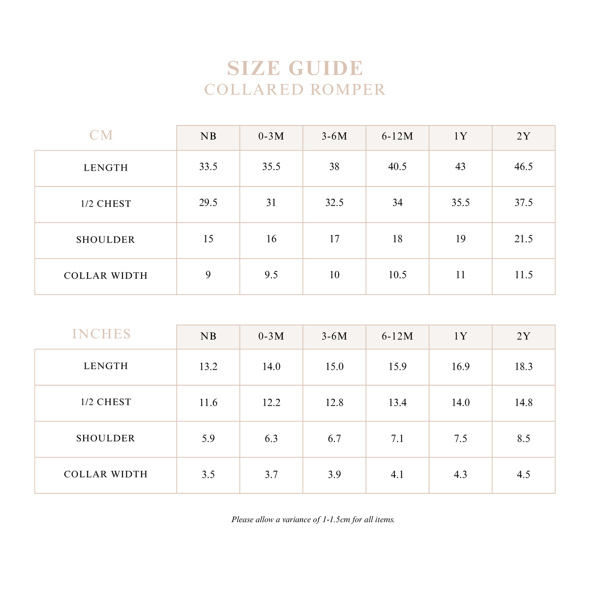 Collared Romper size guide with length, half chest, shoulder and collar width measurements in centimetres and inches for sizes NB to 2Y