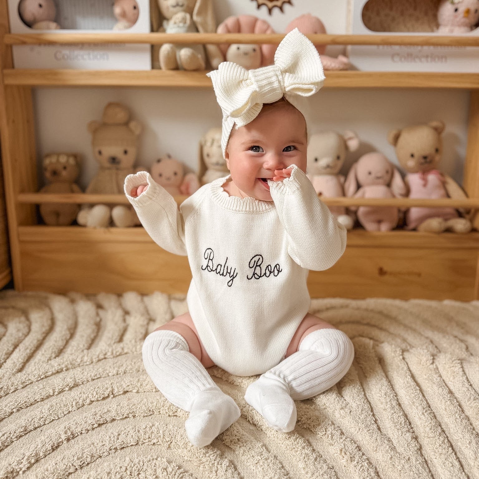'Baby Boo' Long Sleeve Frill Knit Romper - Milk