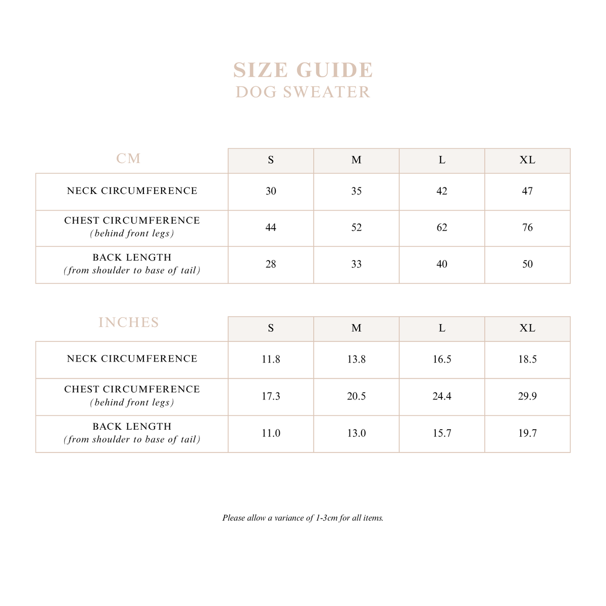 Dog Sweater size guide with neck circumference, chest circumference and back length in cm and inches for sizes S to XL