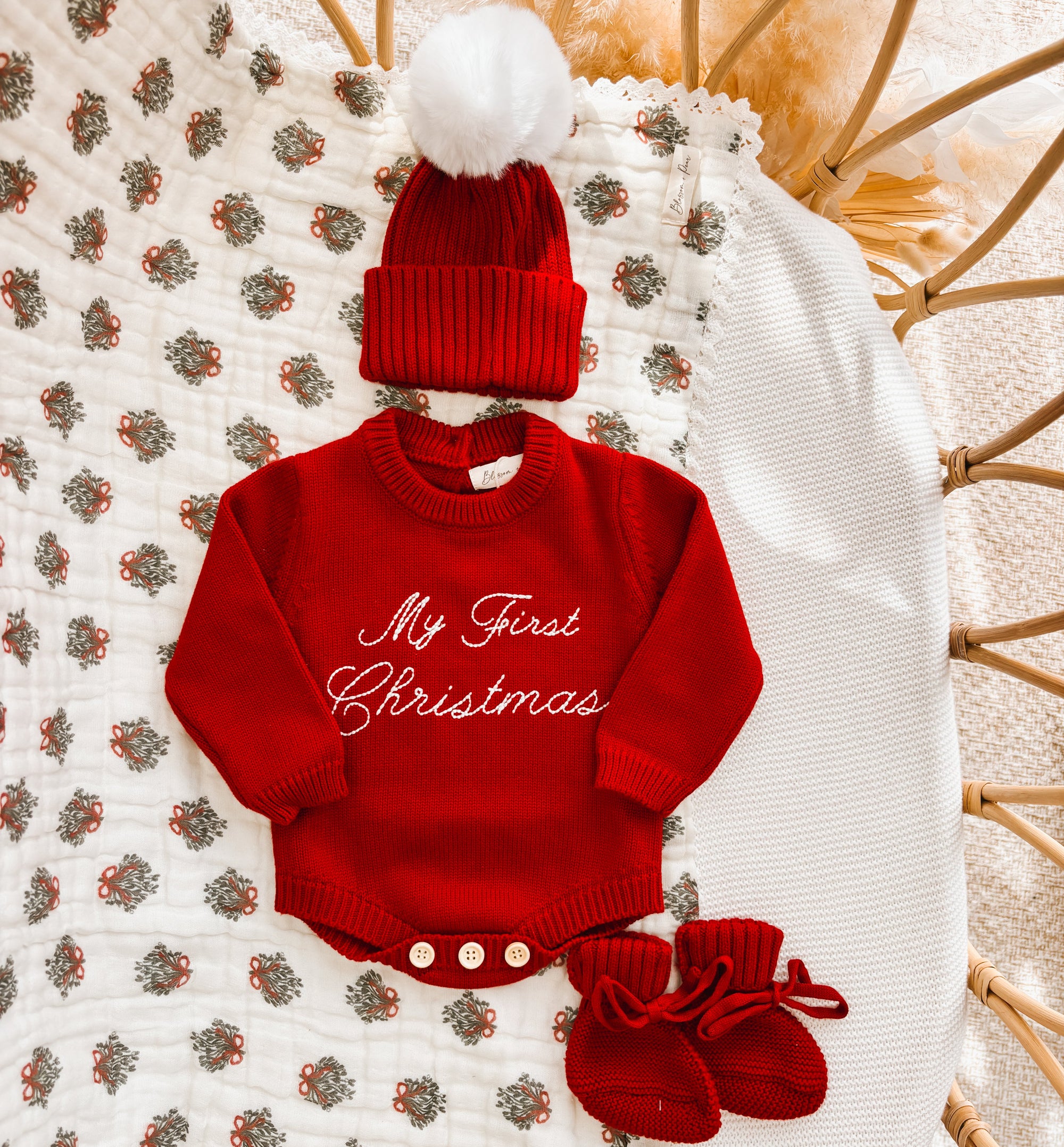 Embroidered ‘My First Christmas’ Long Sleeve Knit Romper