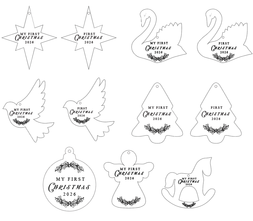 A sheet of black line-art Christmas ornament shapes on a white background, each with the text 'MY FIRST Christmas 2026' and small decorative leaf motifs. Shapes include a star, two bird silhouettes, a swan, a bell, a nutcracker, and other holiday outlines.