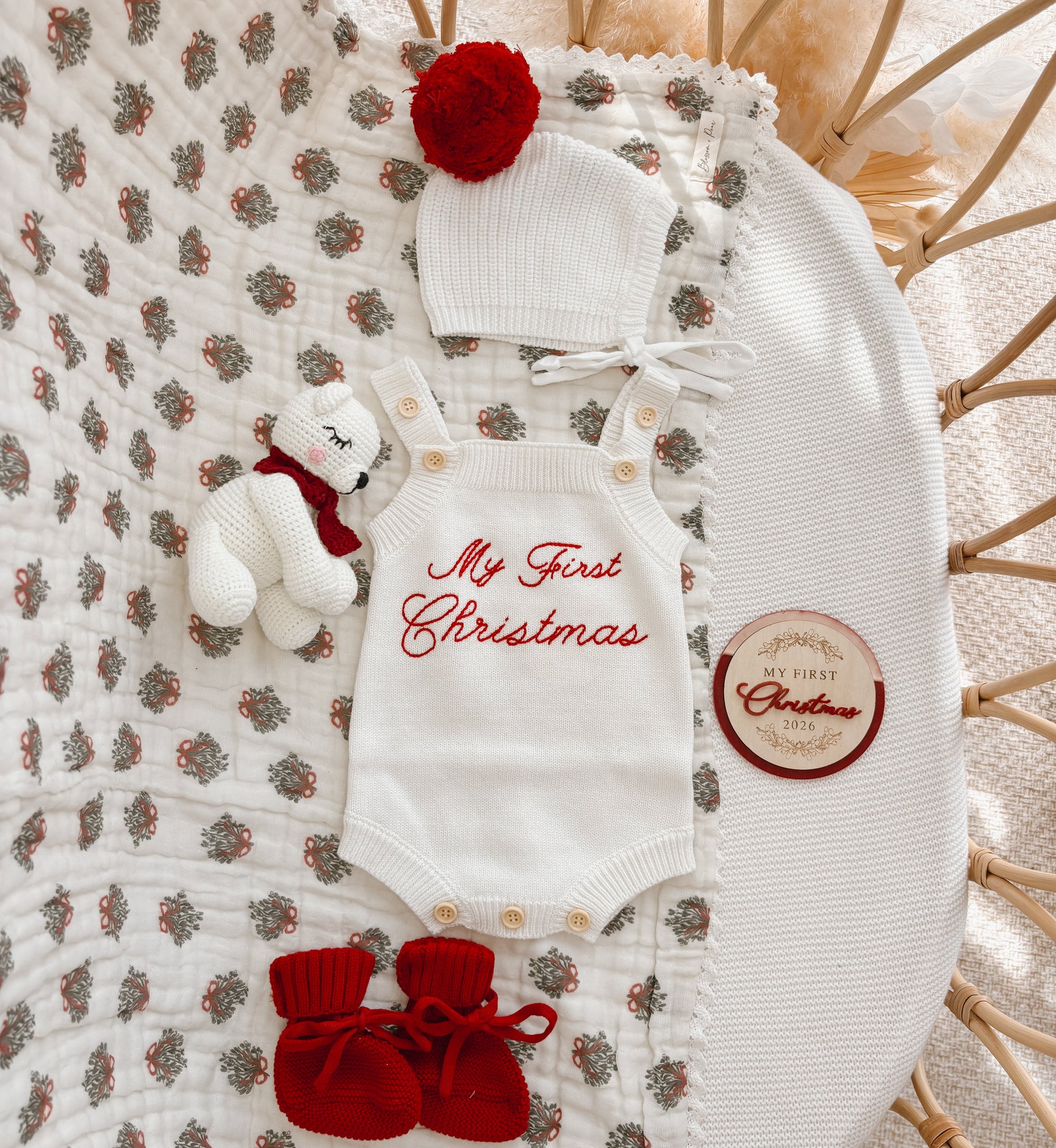 Embroidered ‘My First Christmas’ Singlet Knit Romper