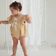 Load image into Gallery viewer, Mustard Gingham Flutter Sleeve Romper