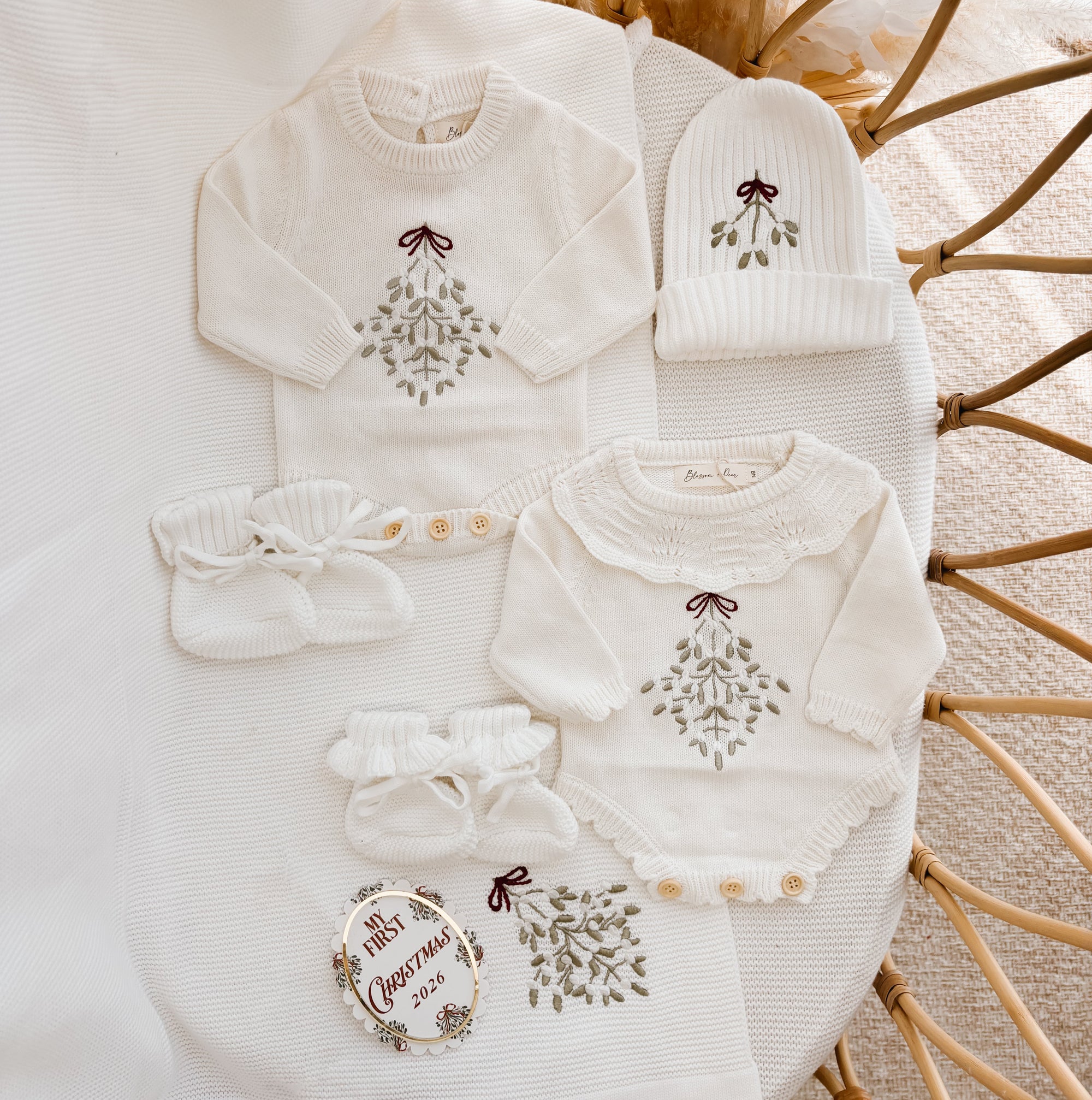 Mistletoe embroidered knit baby jumper and pointelle yoke romper with beanie, booties and milestone disc