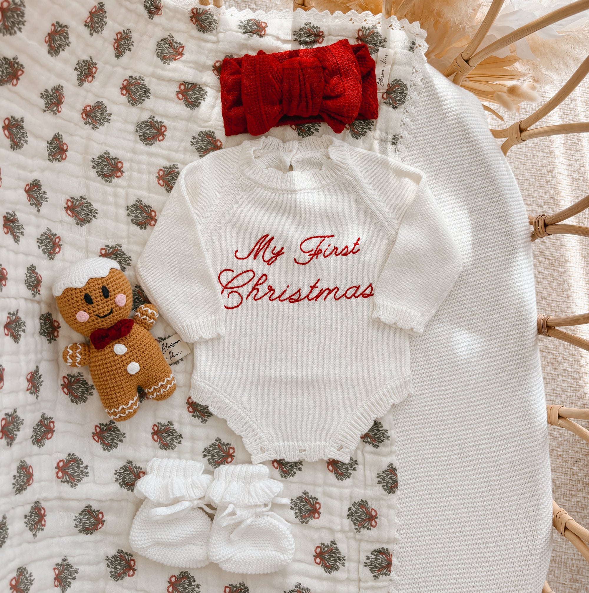 Embroidered ‘My First Christmas’ Long Sleeve Frill Knit Romper