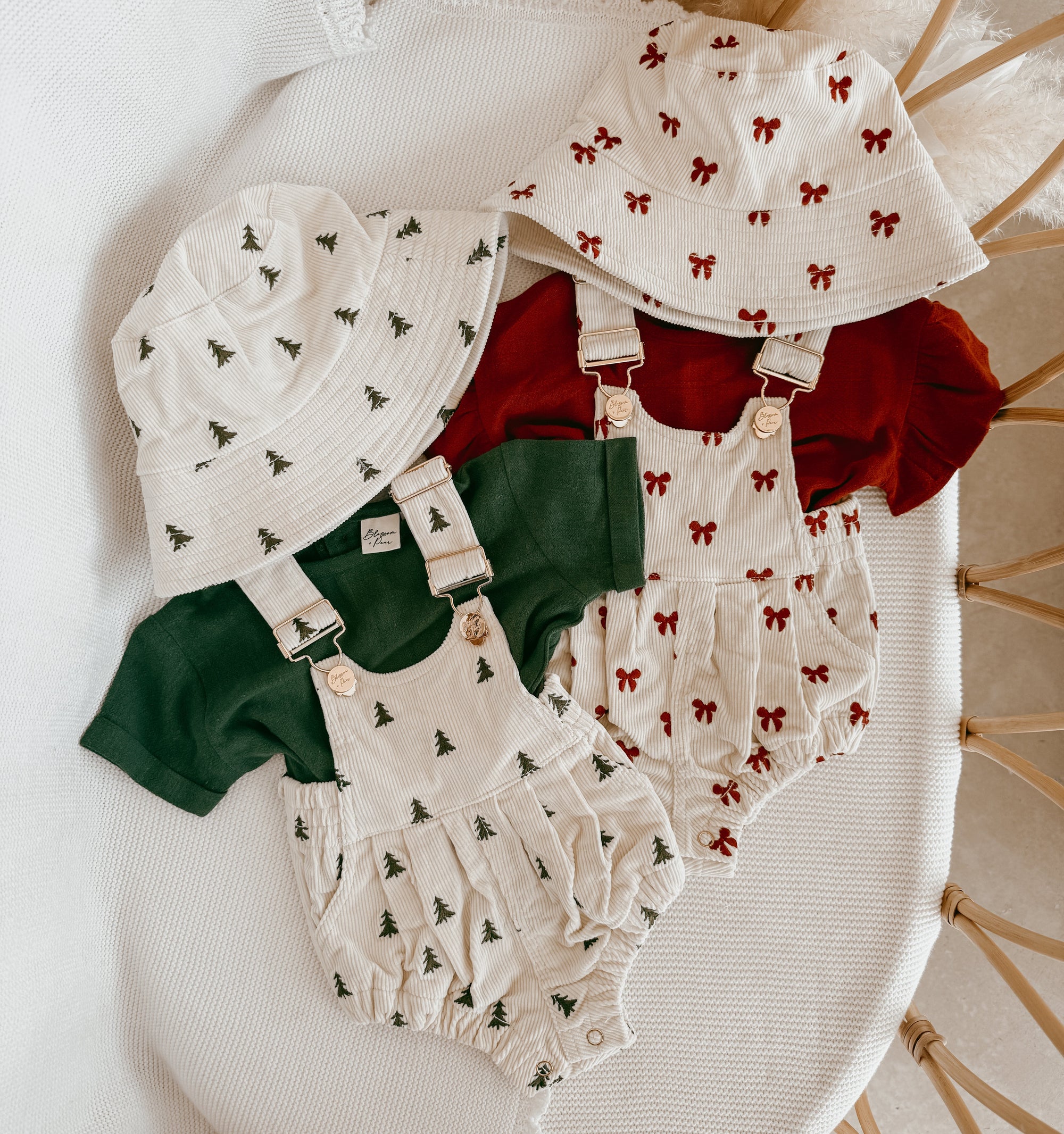 Christmas tree print and red bow print corduroy baby rompers with matching bucket hats and tees