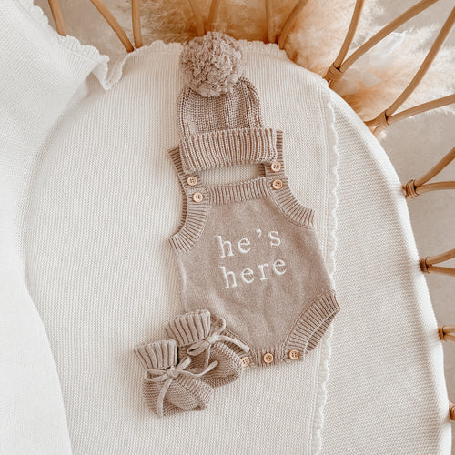 He's Here' Singlet Romper Bundle - Fawn