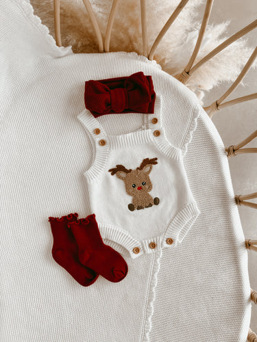 Reindeer Singlet Knit Romper, Crochet Topknot & Frill Socks Bundle