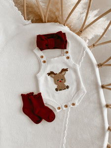 Reindeer Singlet Knit Romper, Crochet Topknot & Frill Socks Bundle