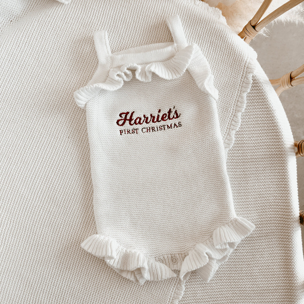 Personalised 'First Christmas' Singlet Frill Knit Romper