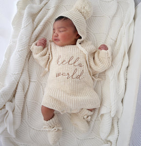 'Hello World' Chunky Knit Romper - Honey