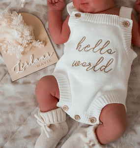 'Hello World' Singlet Mini Knit Romper - Milk
