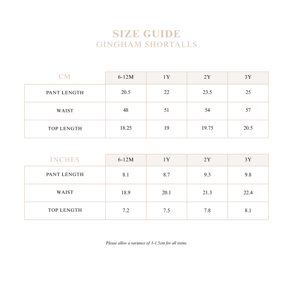 Gingham Shortalls size guide with pant length, waist and top length measurements in centimetres and inches for sizes 6-12M to 3Y