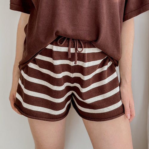 Ladies Knit Stripe Shorts - Brown