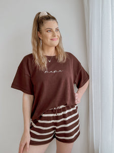 Ladies Knit Stripe Shorts - Brown