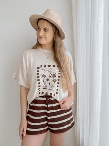 Ladies Knit Stripe Shorts - Brown