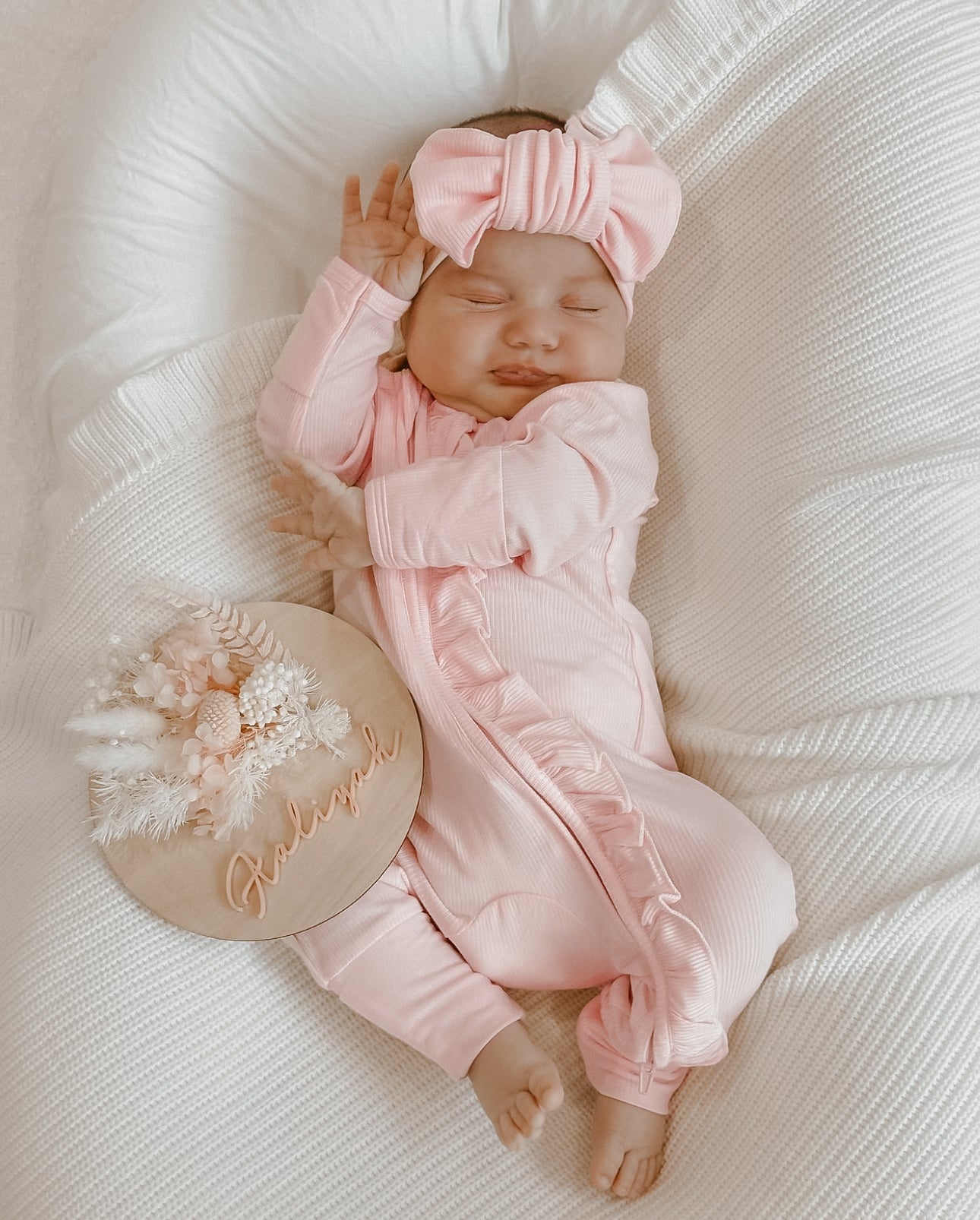 SALE Ribbed Frill Bamboo Zip Growsuit - Peony Pink