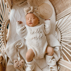 'Hello World' Chunky Knit Romper - Honey