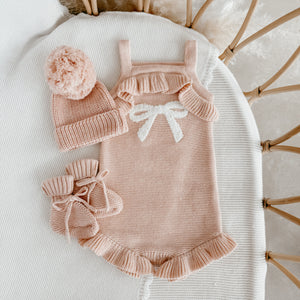 Bow Singlet Frill Knit Romper & Beanie Bundle