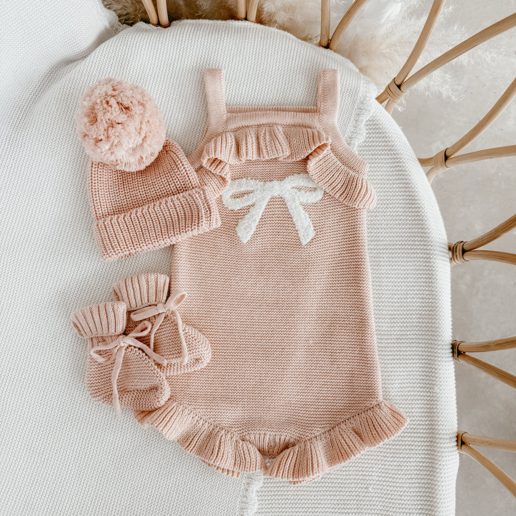 Bow Singlet Frill Knit Romper & Beanie Bundle