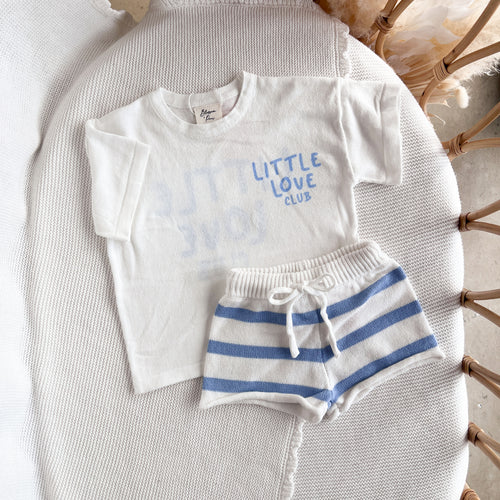 'Little Love Club' Tee & Short Bundle - White & Blue - Dual Logo Design