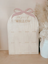 Load image into Gallery viewer, &#39;One Year Of&#39; Personalised First Birthday Board - Bow - PRE ORDER - Est. Dispatch Mid-September