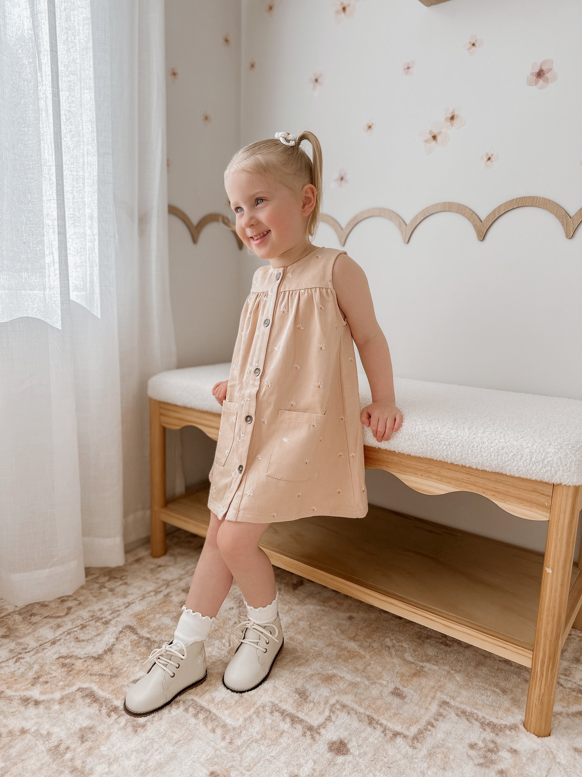 Denim Pinafore Dress - Pink Daisy