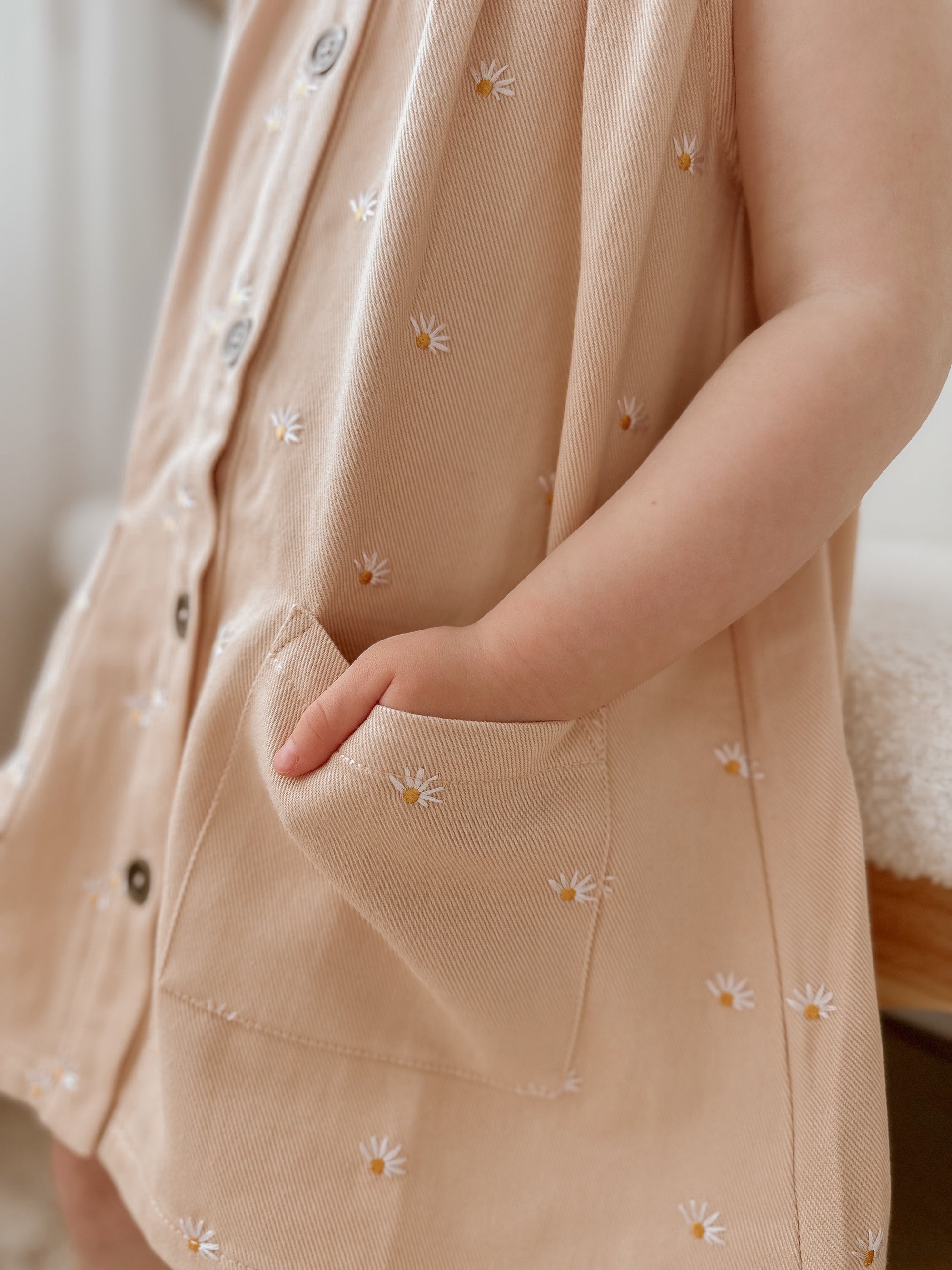 Denim Pinafore Dress - Pink Daisy