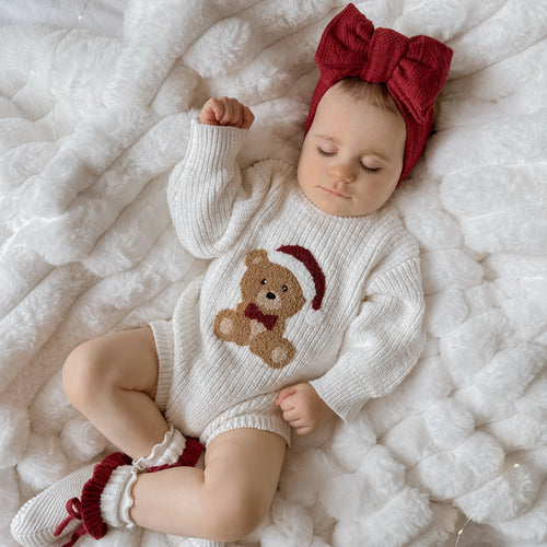 Teddy Bear Chunky Knit Romper, Topknot & Booties Bundle