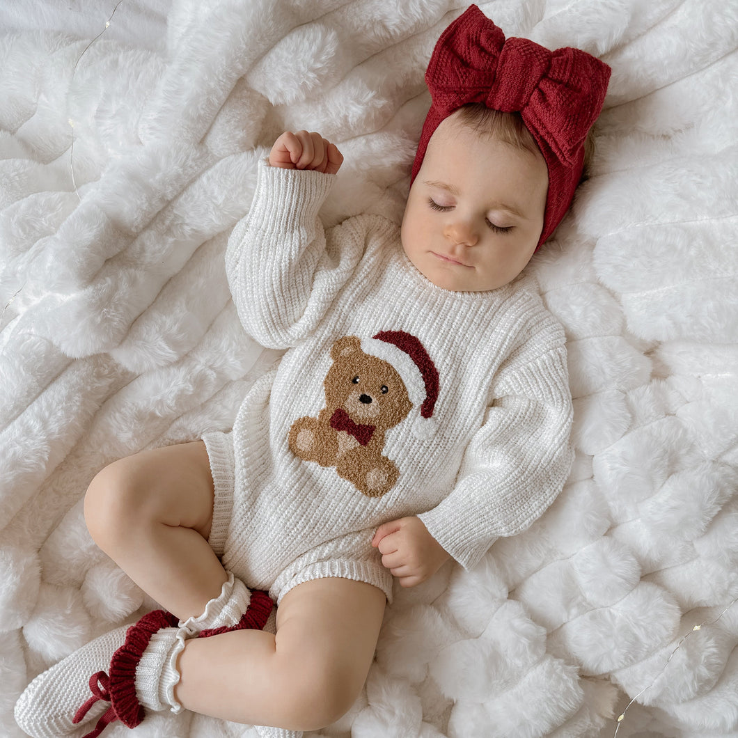 Teddy Bear Chunky Knit Romper, Topknot & Booties Bundle