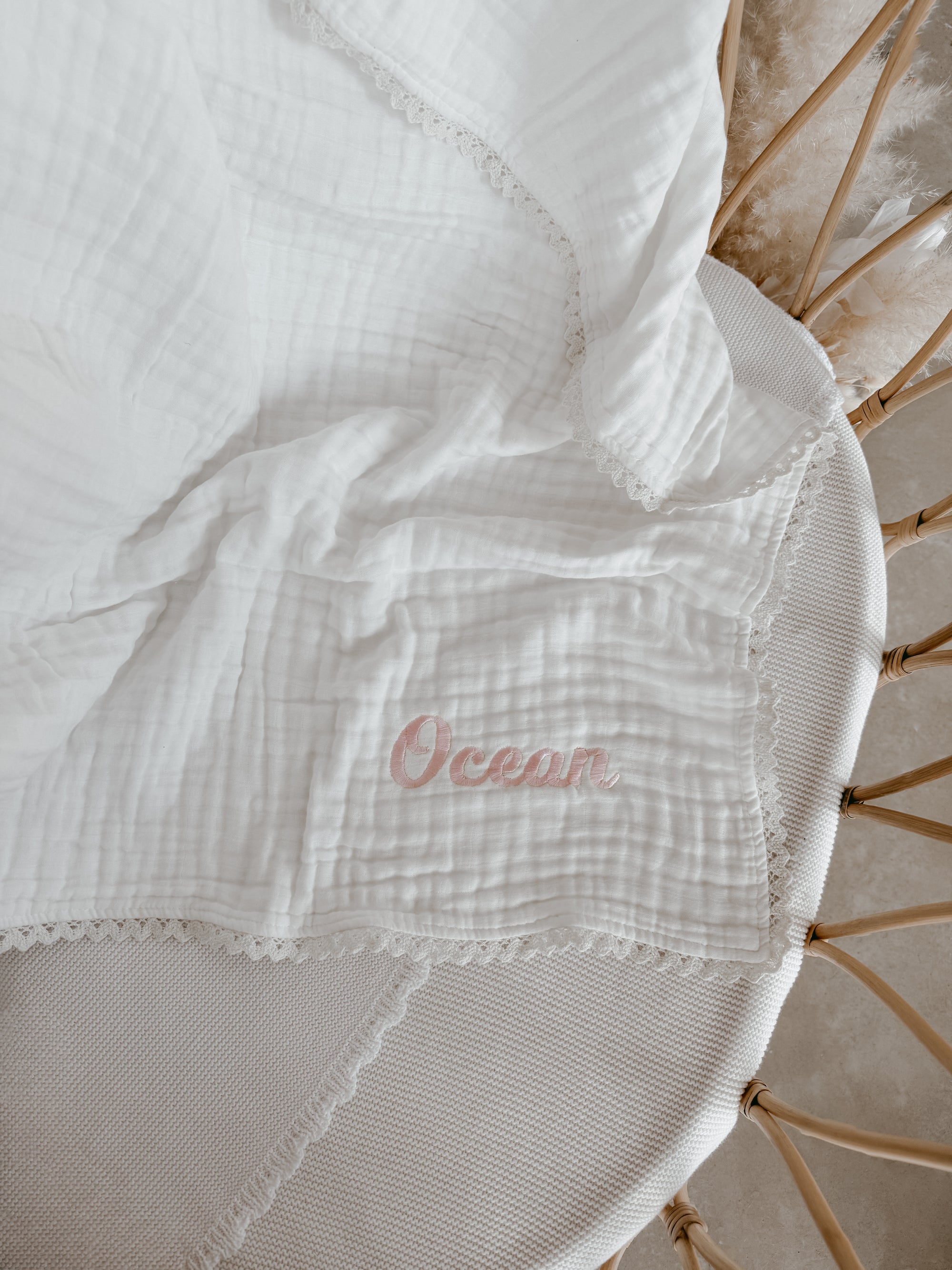 Heritage Muslin Blanket - Milk with Lace Trim