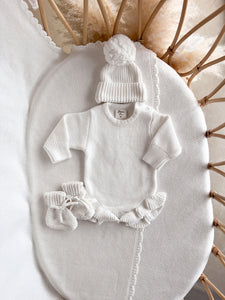 Long Sleeve Frill Leg Knit Romper - Milk