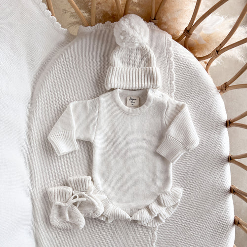 Long Sleeve Frill Leg Knit Romper & Beanie Bundle - Milk