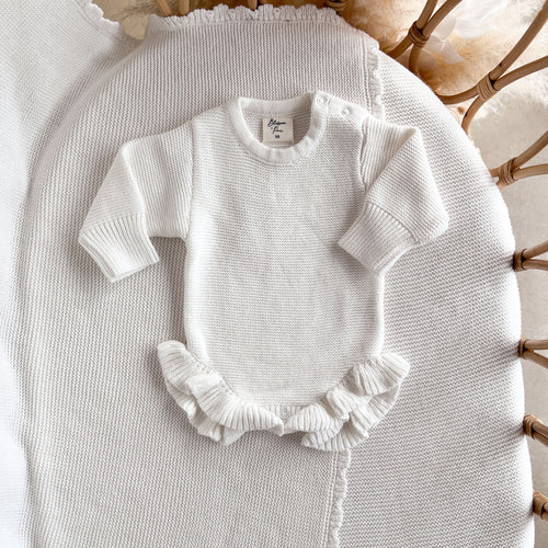 Long Sleeve Frill Leg Knit Romper - Milk