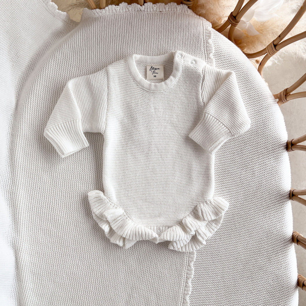 Long Sleeve Frill Leg Knit Romper - Milk