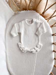 Long Sleeve Frill Leg Knit Romper & Beanie Bundle - Milk