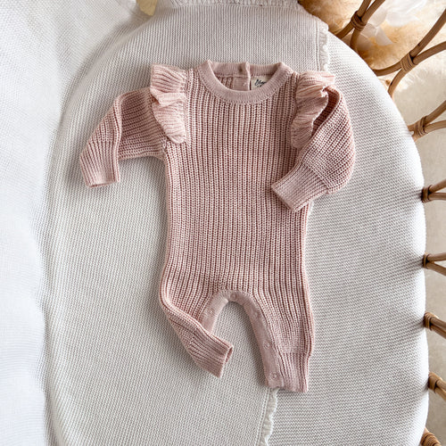 Frankie Shoulder Flutter Knit Romper - Pink Lemonade