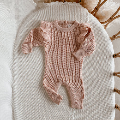Frankie Shoulder Flutter Knit Romper - Pink Lemonade