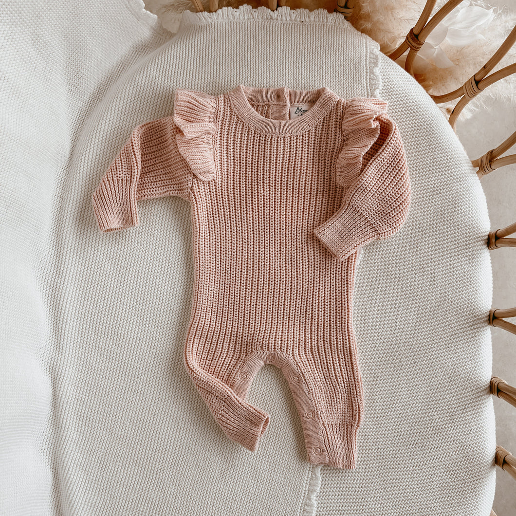 Frankie Shoulder Flutter Knit Romper - Pink Lemonade