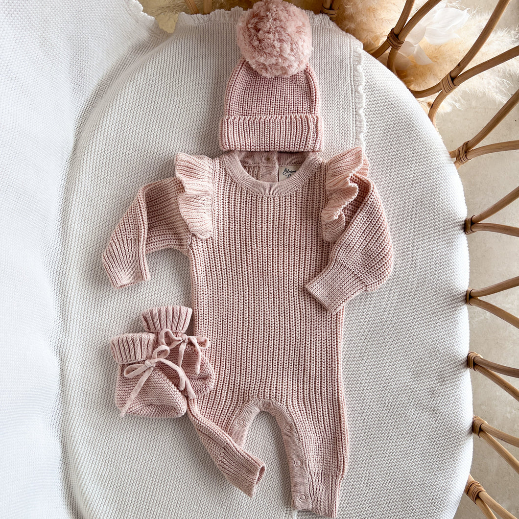 Frankie Shoulder Flutter Knit Romper & Beanie Bundle - Pink Lemonade