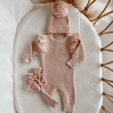 Load image into Gallery viewer, Frankie Shoulder Flutter Knit Romper &amp; Beanie Bundle - Pink Lemonade