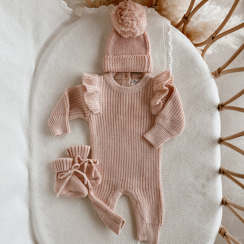 Frankie Shoulder Flutter Knit Romper & Beanie Bundle - Pink Lemonade
