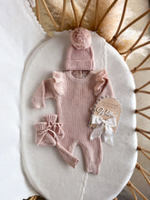 Load image into Gallery viewer, Frankie Shoulder Flutter Knit Romper &amp; Beanie Bundle - Pink Lemonade