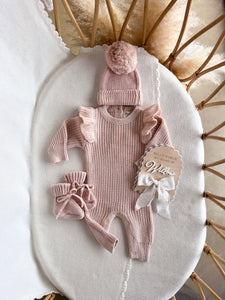 Frankie Shoulder Flutter Knit Romper & Beanie Bundle - Pink Lemonade
