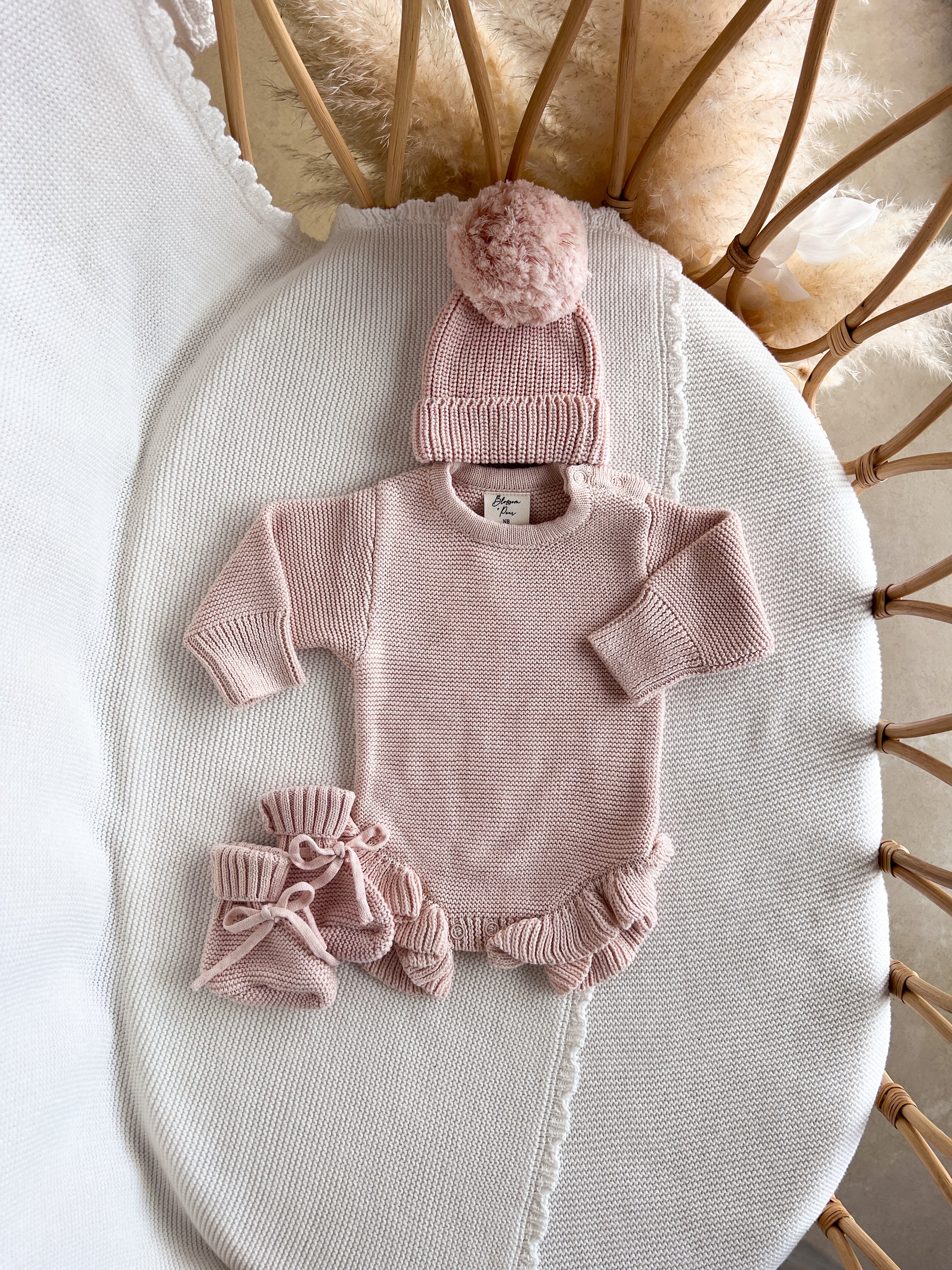 Long Sleeve Frill Leg Knit Romper - Pink Lemonade