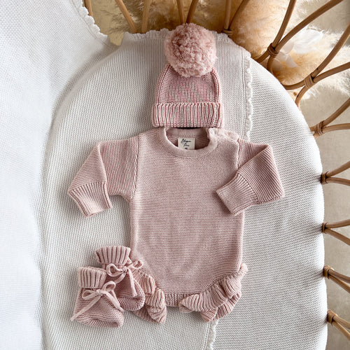 Long Sleeve Frill Leg Knit Romper & Beanie Bundle - Pink Lemonade