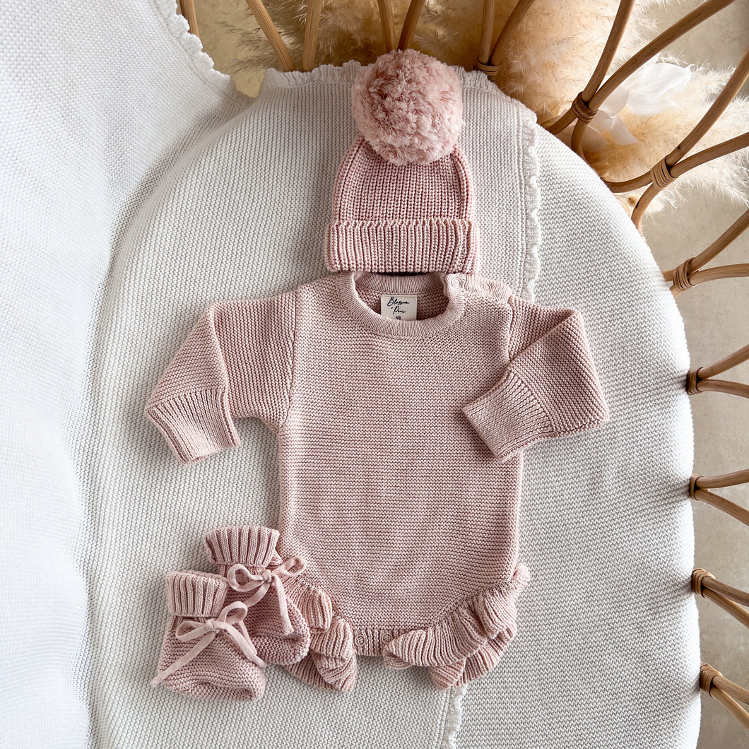 Long Sleeve Frill Leg Knit Romper & Beanie Bundle - Pink Lemonade