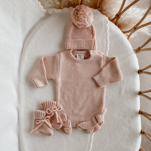 Long Sleeve Frill Leg Knit Romper & Beanie Bundle - Pink Lemonade