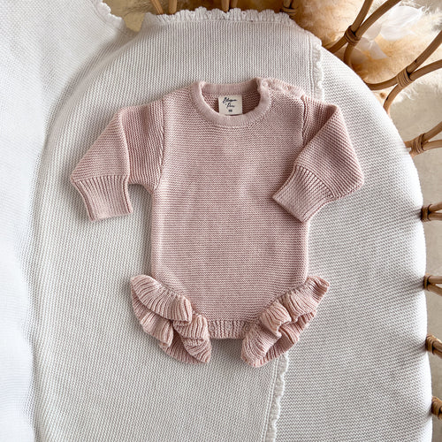 Long Sleeve Frill Leg Knit Romper - Pink Lemonade